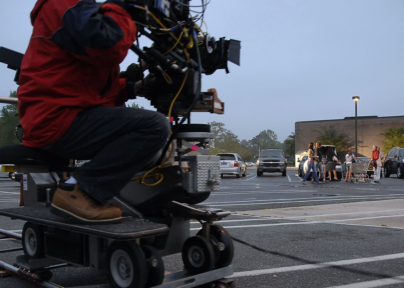 A professional film camera on set during a production shoot